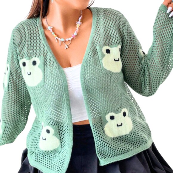 Shein Green Frog Face Knit Mesh Cardigan Sweater l Plus Size 22 - Picture 1 of 7
